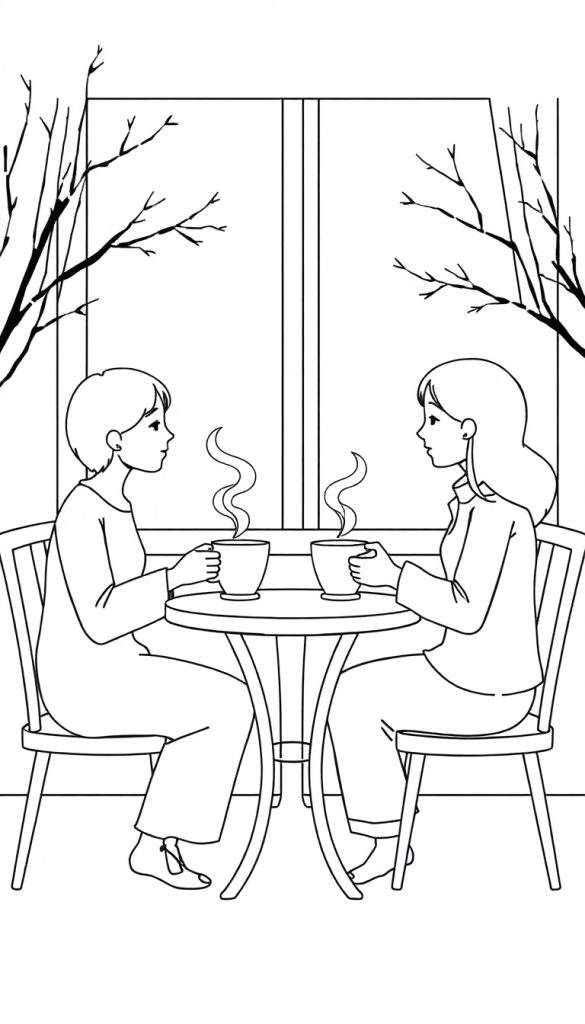 Kleurplaat met een zwart-wit tekening van twee vrouwen die elkaar aankijken aan een ronde tafel, elk met een dampende kop warme chocolademelk of thee, met op de achtergrond een groot raam waarachter kale boomtakken te zien zijn.