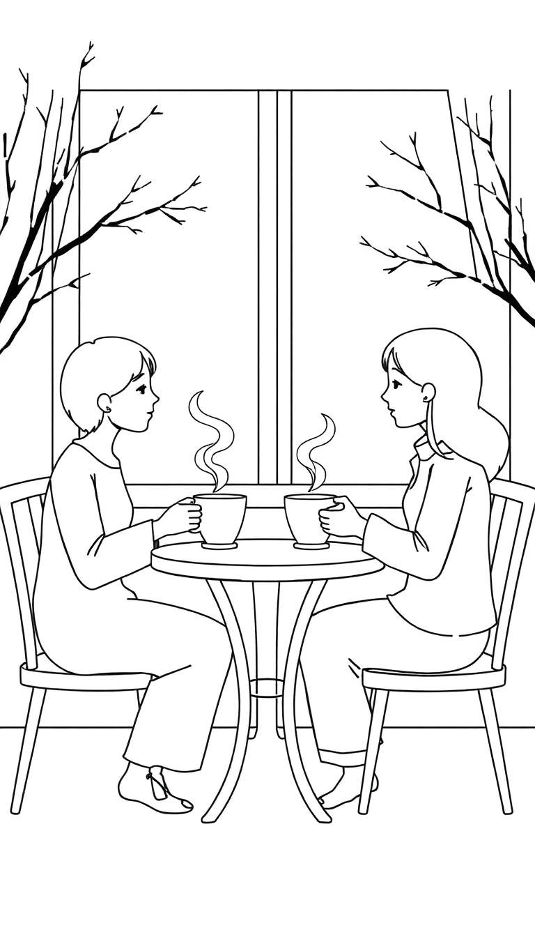 Kleurplaat met een zwart-wit tekening van twee vrouwen die elkaar aankijken aan een ronde tafel, elk met een dampende kop warme chocolademelk of thee, met op de achtergrond een groot raam waarachter kale boomtakken te zien zijn.