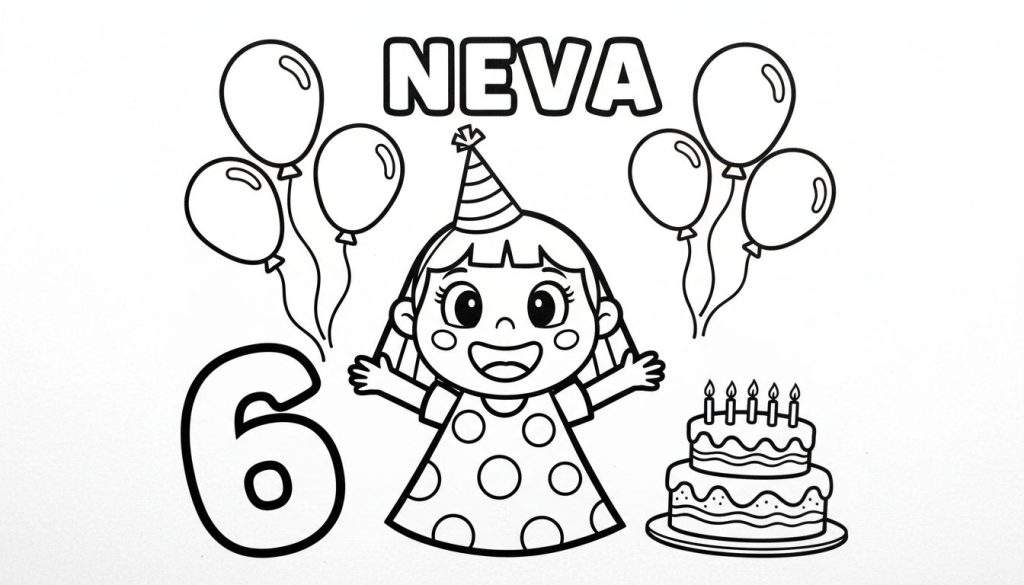 Kleurplaat van een lachend meisje met feestmuts, omringd door ballonnen en een verjaardagstaart met het cijfer 6.