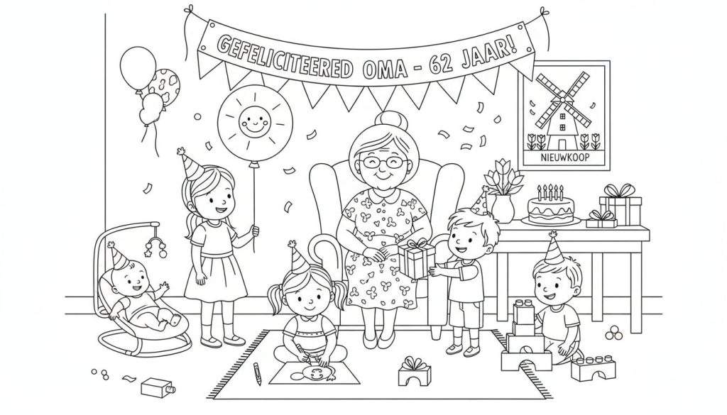 Kleurplaat van een verjaardagsfeest voor oma met slingers, cadeautjes, taart en kinderen.