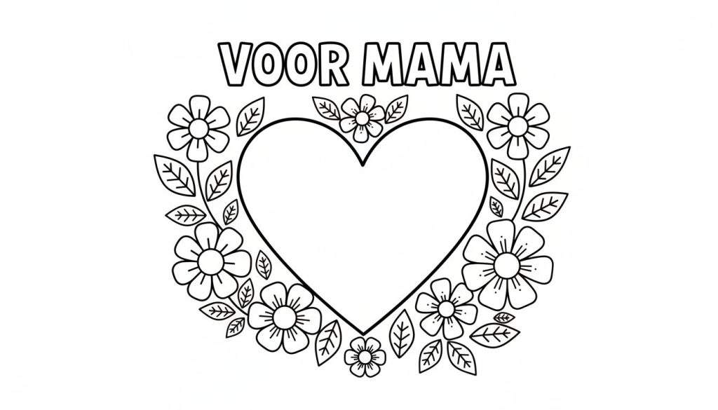 Zwart-wit kleurplaat met de tekst 'VOOR MAMA' bovenaan, een groot hart in het midden en daaromheen een krans van bloemen en blaadjes.