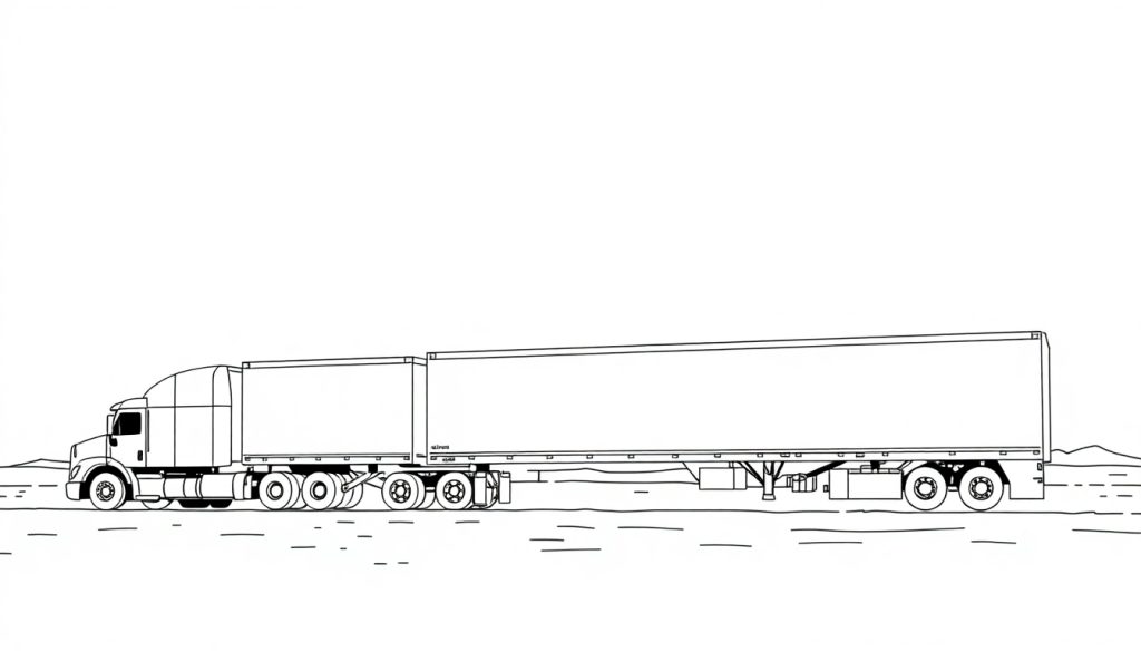 Zwart-wit lijntekening kleurplaat van een lange vrachtwagencombinatie met twee opleggers, rijdend op een weg met glooiende heuvels op de achtergrond.