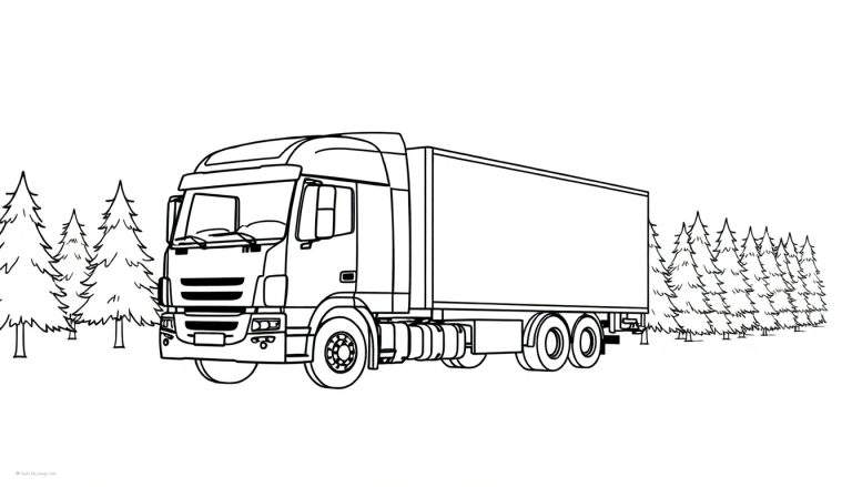 Zwart-witte lijntekening van een vrachtwagen met oplegger, met aan de linkerzijde een paar dennenbomen en aan de rechterzijde een rij verder weg staande dennenbomen. De achtergrond is wit.