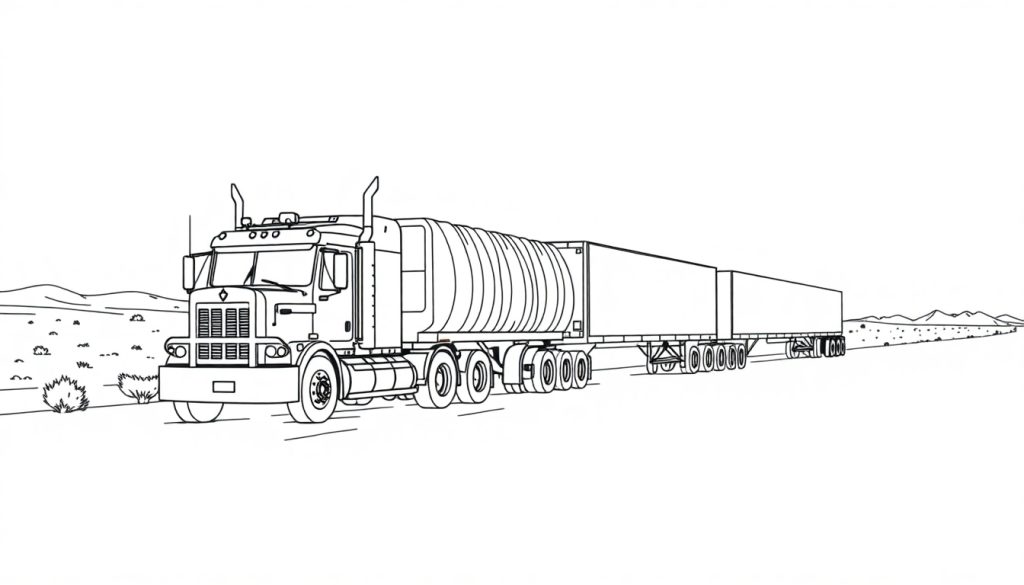 Zwart-wit lijntekening van een lange vrachtwagencombinatie (road train) met klassieke truck, tankwagen en gesloten trailers, rijdend op een rechte weg door een woestijnlandschap met heuvels en bergen op de horizon. Geschikt als kleurplaat.