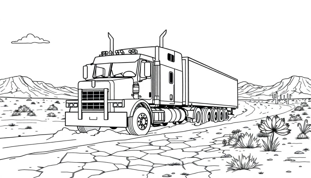 Zwart-wit lijntekening van een Amerikaanse trekker-oplegger op een gebarsten woestijnweg, met cactussen en bergen op de achtergrond.