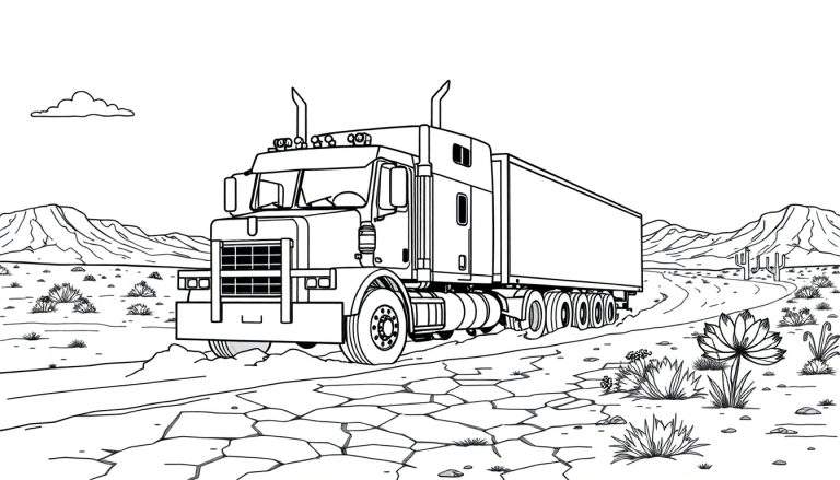 Zwart-wit lijntekening van een Amerikaanse trekker-oplegger op een gebarsten woestijnweg, met cactussen en bergen op de achtergrond.