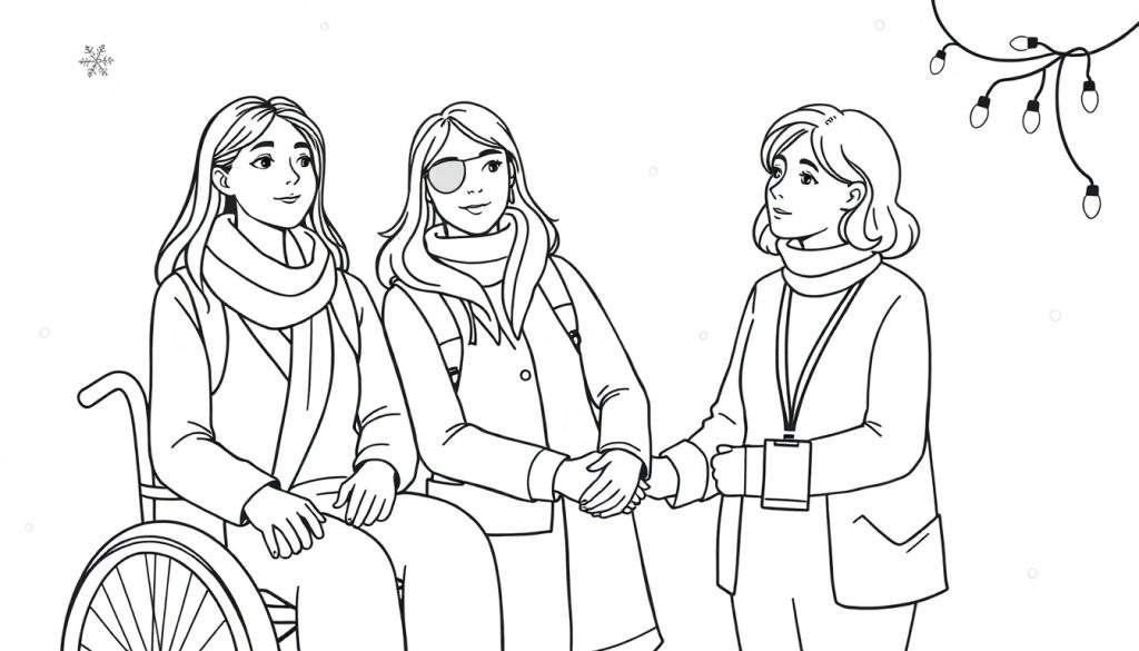 Kleurplaat met drie lachende jonge vrouwen die elkaars hand vasthouden in een winterse of feestelijke omgeving. Een vrouw zit in een rolstoel, een andere draagt een ooglapje en de derde heeft een identificatiebadge. Sneeuwvlokje en lichtslinger op de achtergrond.