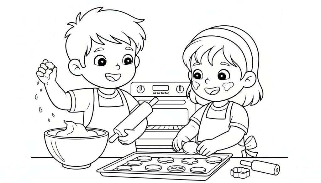 Illustratie van een jongen met een deegroller en een meisje met een koekjesvormpje, beiden vrolijk aan het bakken met bloem en deeg.