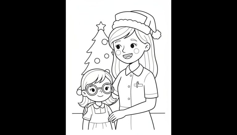 Kleurplaat met een volwassen vrouw met kerstmuts en een glimlach, met haar arm om een jong meisje met bril en hoofdband. Ze staan voor een versierde kerstboom.