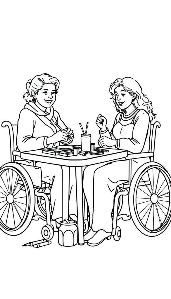 Kleurplaat van twee glimlachende vrouwen in rolstoelen, samen creatief bezig aan een tafel met knutselspullen.
