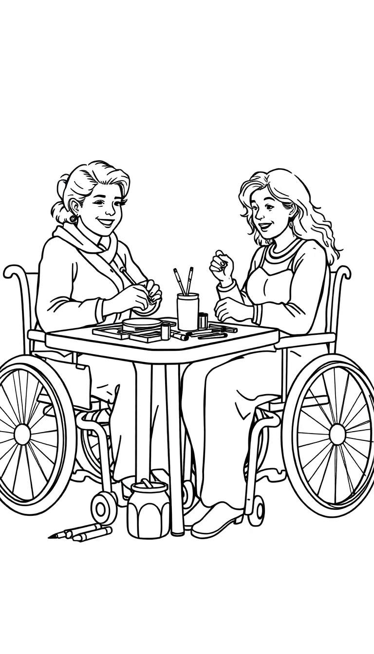 Kleurplaat van twee glimlachende vrouwen in rolstoelen, samen creatief bezig aan een tafel met knutselspullen.