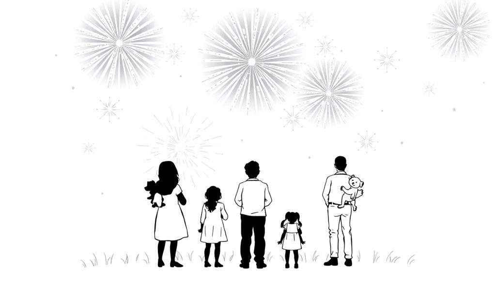 Kleurplaat met een groep mensen, inclusief een vrouw met een dier, een jongen en een man met een teddybeer, die omhoog kijken naar kleurrijk vuurwerk tegen een donkere lucht.