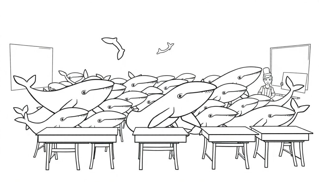 Kleurplaat van een klaslokaal gevuld met grote en kleine walvissen. Een vriendelijke leraar met hoge hoed staat rechtsachter en houdt een paneel vast.