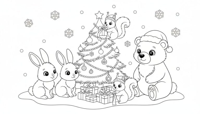 Kleurplaat met een kerstboom, twee konijnen, twee eekhoorns met mutsjes en cadeautjes, en een beer met kerstmuts, omringd door sneeuwvlokken.