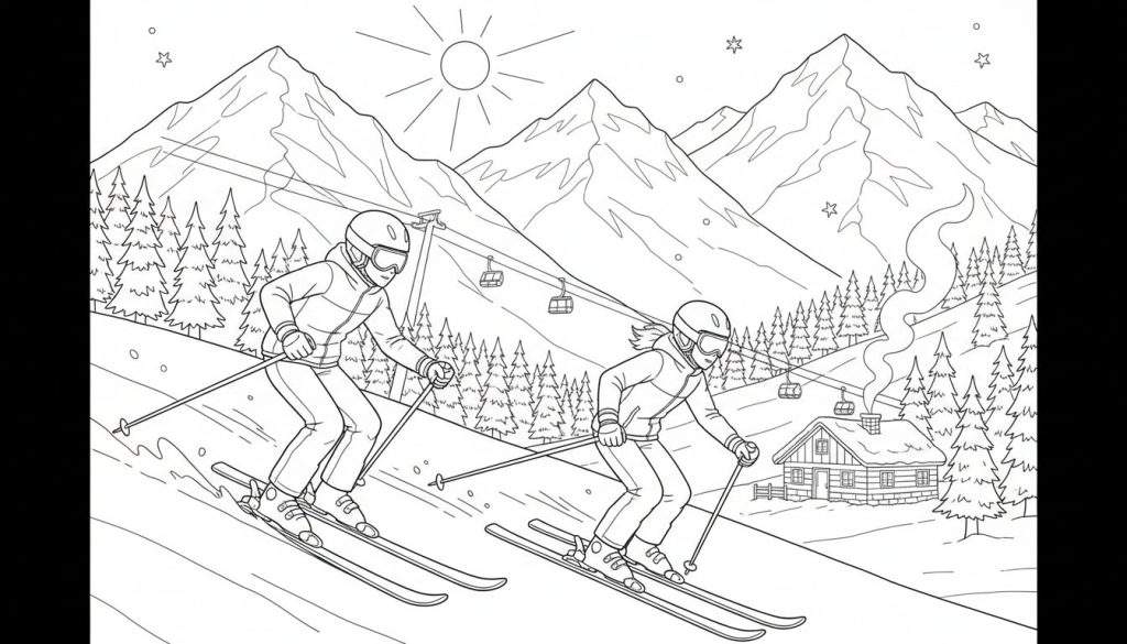 Kleurplaat van een winters berglandschap met twee skiërs, bergen, dennenbomen, een skilift, zon, sneeuwvlokken en een houten hut.