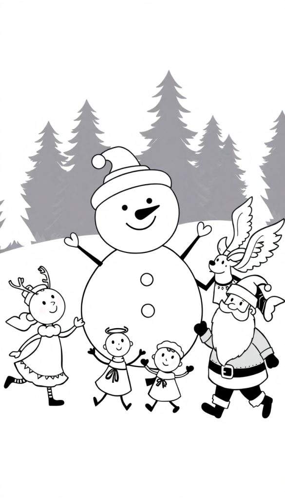 Kleurplaat van een winterse scène met een sneeuwman, elfje, engeltjes, gevleugeld rendier en Kerstman die elkaars handen vasthouden.