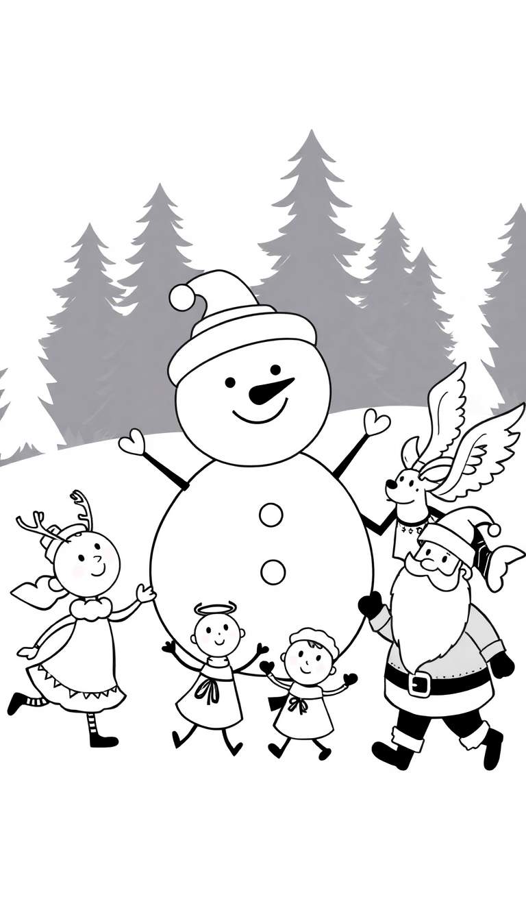Kleurplaat van een winterse scène met een sneeuwman, elfje, engeltjes, gevleugeld rendier en Kerstman die elkaars handen vasthouden.