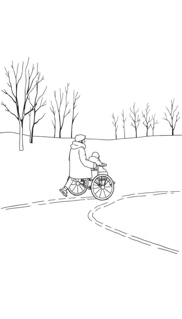 Kleurplaat van een volwassene die een kind in een rolstoel duwt door een besneeuwd winterlandschap met kale bomen.
