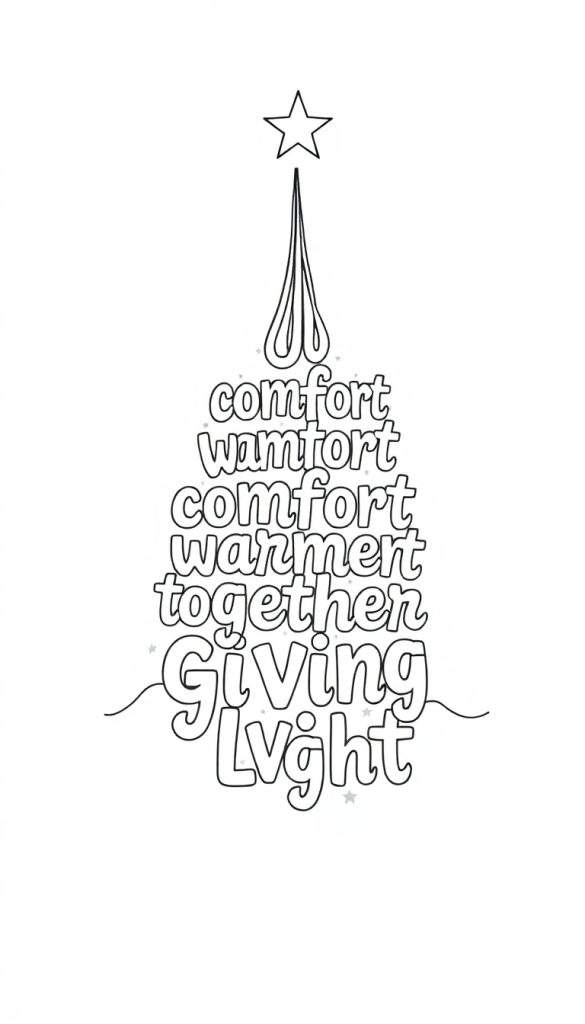 Zwart-wit lijntekening van een kerstboom gemaakt van woorden. De boom bevat de woorden 'comfort', 'warmth', 'together', 'Giving' en 'Light'. Bovenaan is een lege ster, de basis is een golvende lijn.