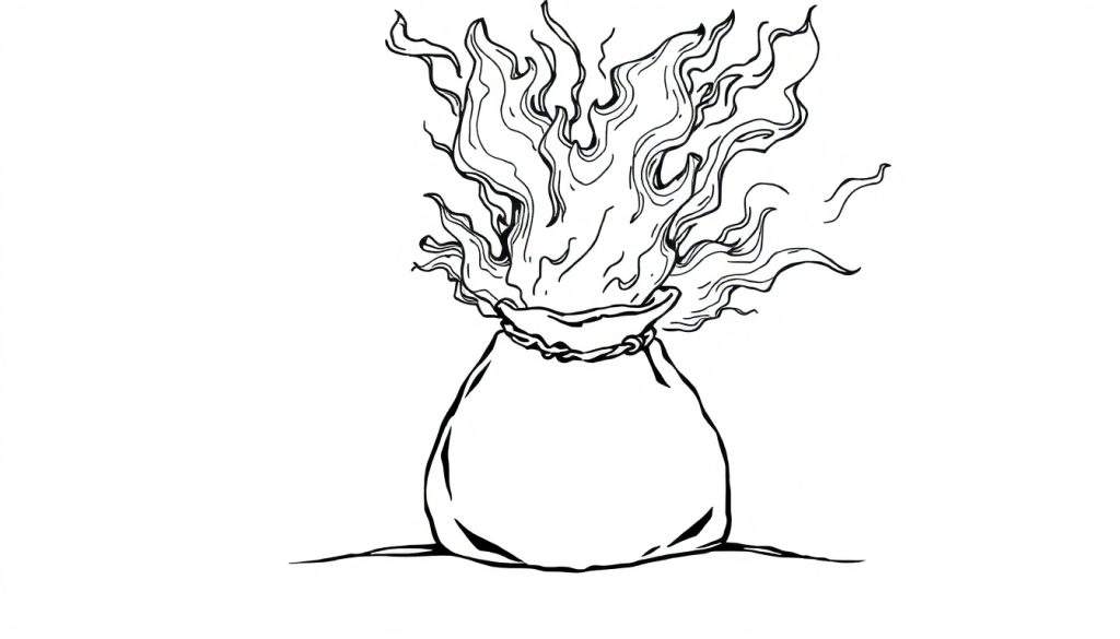 Zwart-witte lijntekening van een bolvormige zak met de opening dichtgebonden, waaruit grote, wervelende vlammen omhoog komen. Kleinere vlammetjes aan de zijkant.