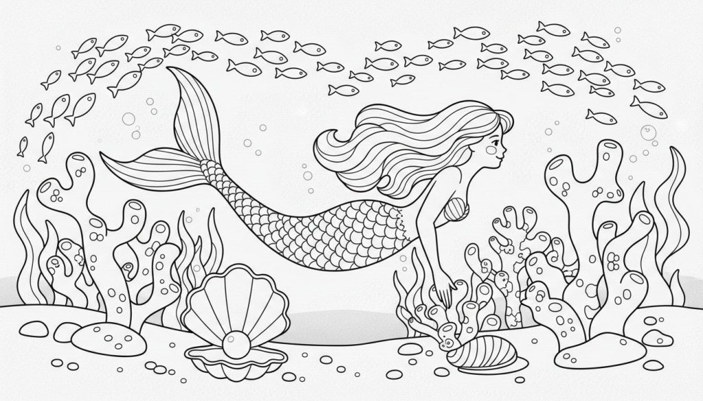 Een zwart-wit lijntekening van een zeemeermin die zwemt in een onderwaterwereld met vissen, koraal, zeewier en schelpen. De tekening is bedoeld als kleurplaat en heeft een vrolijke uitstraling.