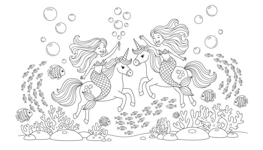 Kleurplaat van twee lachende zeemeerminnen met visstaarten die op eenhoorns rijden onder water, omringd door luchtbellen, vissen, koraal en zeewier. Eén zeemeermin blaast bellen.