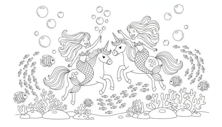 Kleurplaat van twee lachende zeemeerminnen met visstaarten die op eenhoorns rijden onder water, omringd door luchtbellen, vissen, koraal en zeewier. Eén zeemeermin blaast bellen.
