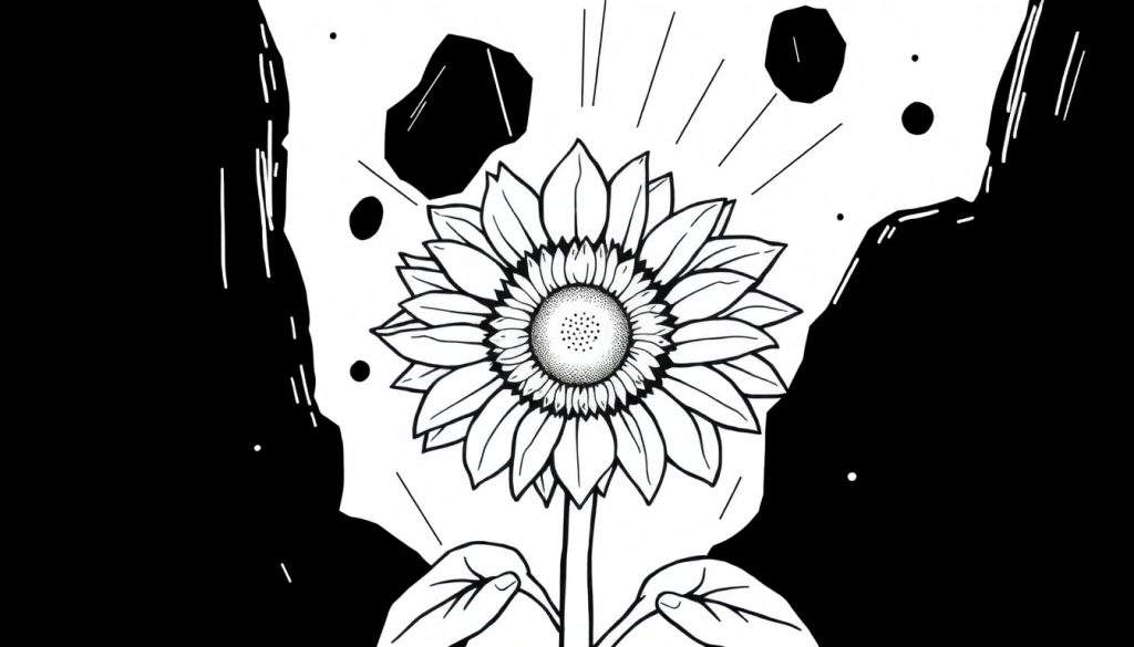 Zwart-wit tekening van een grote, gedetailleerde zonnebloem met een gestippeld hart, stralende lijnen, en twee handen aan de onderkant die de stengel vasthouden. De achtergrond is een mix van zwart en wit met abstracte vormen en vallende elementen.