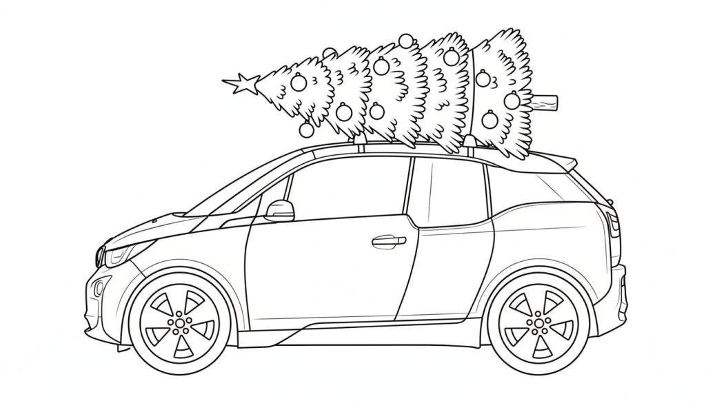 Kleurplaat van een moderne auto met een kerstboom, kerstballen en een ster erop, vastgebonden op het dak.