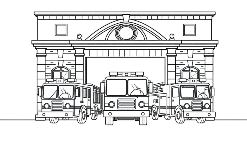 Zwart-wit lijntekening van een brandweerkazerne met drie brandweerwagens. De middelste wagen is volledig zichtbaar.