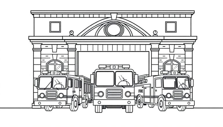 Zwart-wit lijntekening van een brandweerkazerne met drie brandweerwagens. De middelste wagen is volledig zichtbaar.