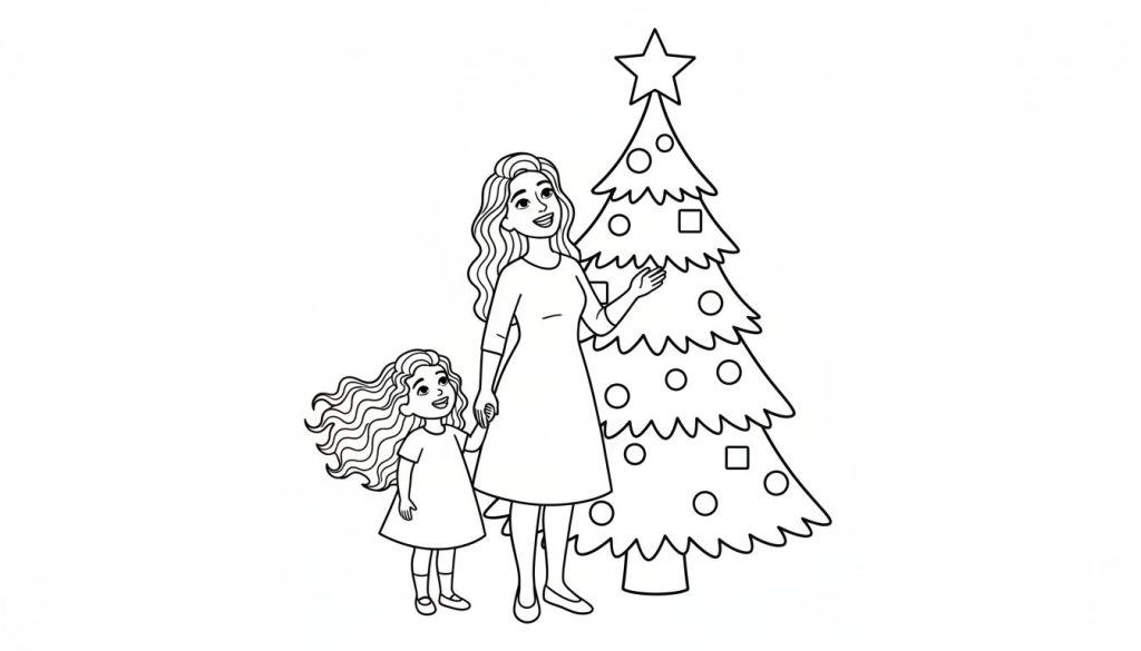 Zwart-wit kleurplaat van een vrouw en een jong meisje, hand in hand, wijzend naar een kerstboom met ster en ornamenten.