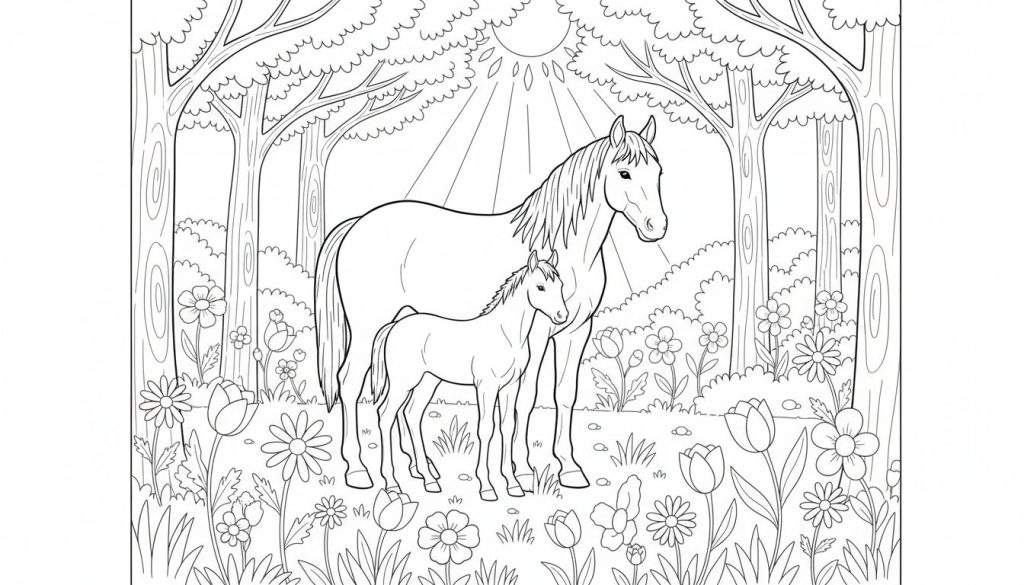 Kleurplaat van een moederpaard en haar veulen die vredig in een bloemrijk bos staan onder een stralende zon.