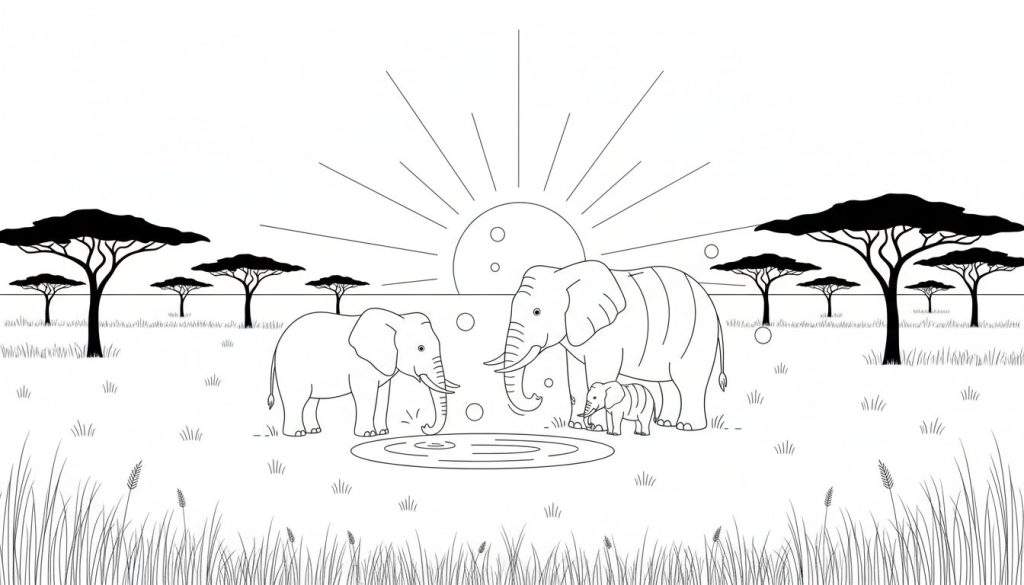 Zwart-wit lijntekening van een olifantenfamilie in een Afrikaanse savanne, met acaciabomen, gras en een zon op de achtergrond.