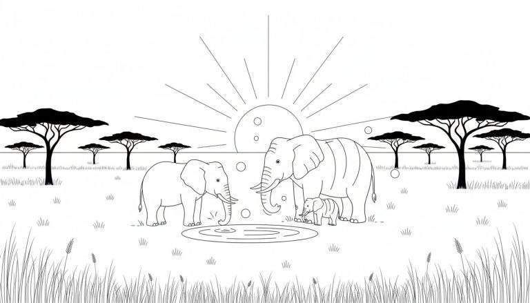 Zwart-wit lijntekening van een olifantenfamilie in een Afrikaanse savanne, met acaciabomen, gras en een zon op de achtergrond.