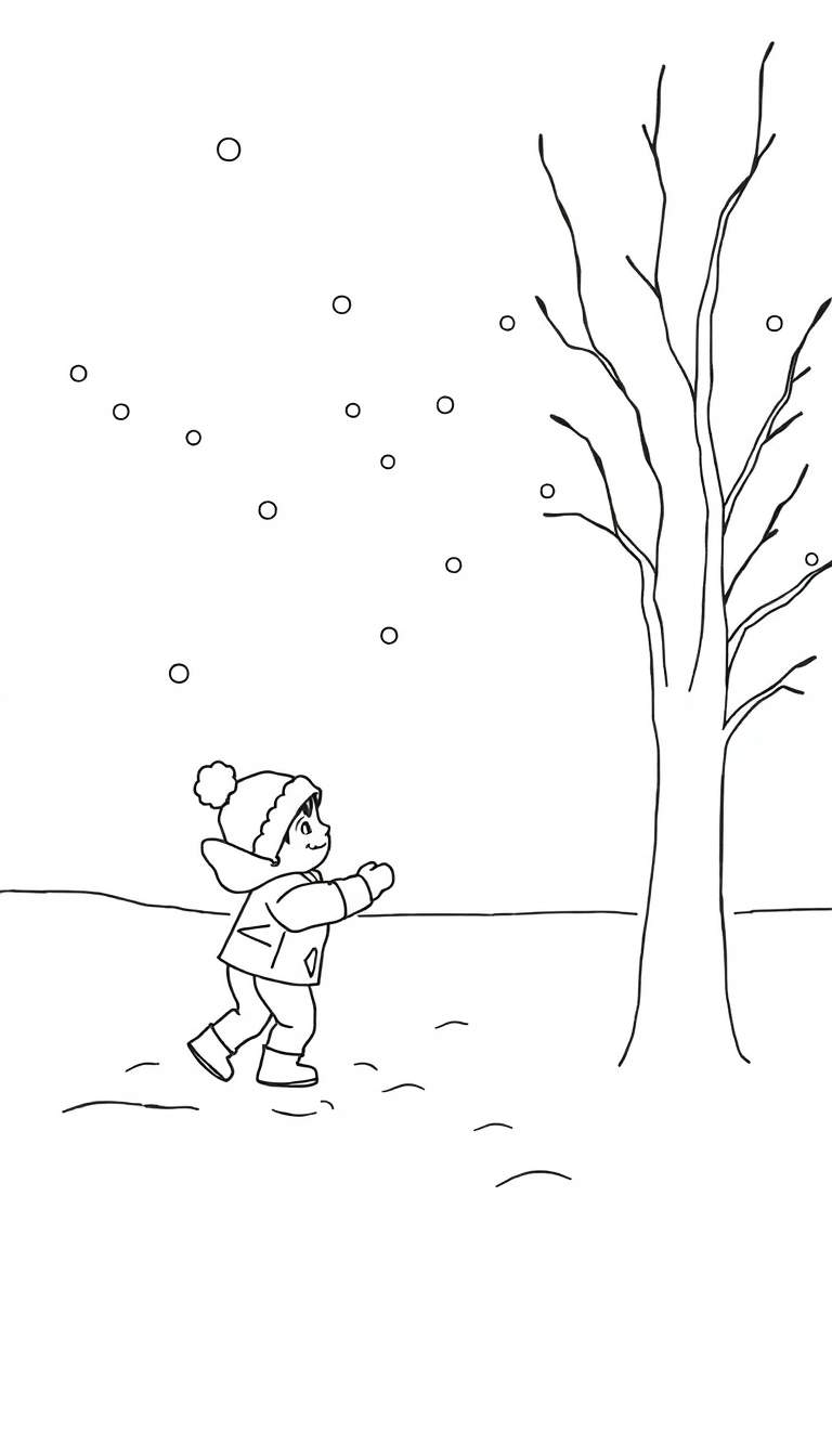 Zwart-wit kleurplaat van een jong kindje met een muts met pompon, dikke jas en laarzen, die met uitgestrekte handjes vrolijk omhoog kijkt naar vallende sneeuwvlokken in een besneeuwd winterlandschap met een kale boom.