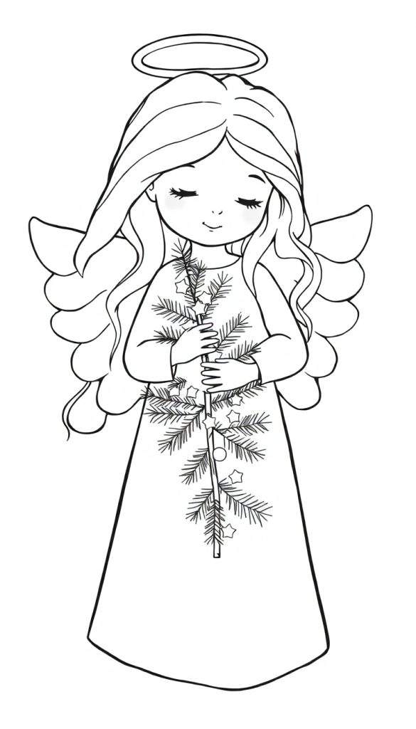 Zwart-wit lijntekening van een lieve, jonge engel met gesloten ogen, een zachte glimlach, een aureool en vleugels, die een dennentak met sterretjes en een kerstbal vasthoudt.