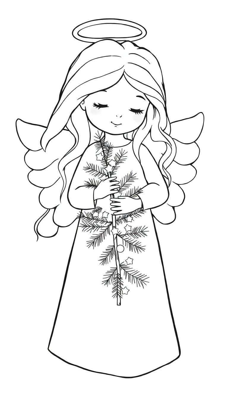 Zwart-wit lijntekening van een lieve, jonge engel met gesloten ogen, een zachte glimlach, een aureool en vleugels, die een dennentak met sterretjes en een kerstbal vasthoudt.