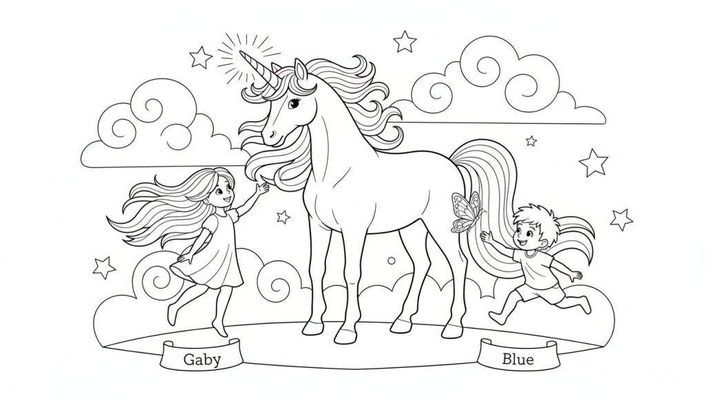 Kleurplaat van een glinsterende eenhoorn met Gaby aan de linkerzijde en Blue aan de rechterzijde, in een hemel met wolken en sterren.