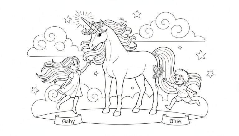 Kleurplaat van een glinsterende eenhoorn met Gaby aan de linkerzijde en Blue aan de rechterzijde, in een hemel met wolken en sterren.