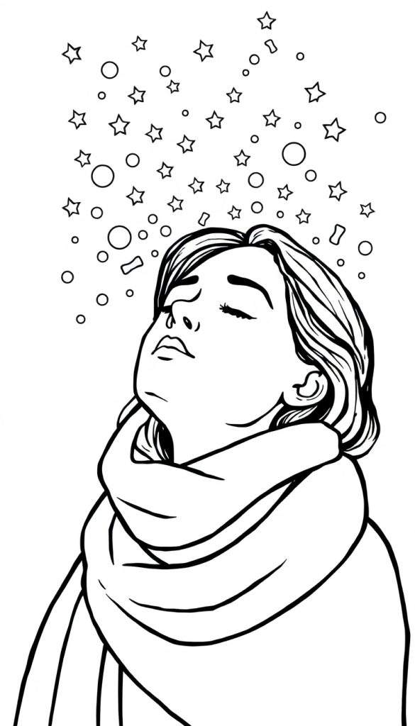 Zwart-wit lijntekening van een jonge vrouw die omhoog kijkt met gesloten ogen, met een warme sjaal om haar nek. Diverse sterren, cirkels en gebogen figuurtjes zweven om haar hoofd heen.