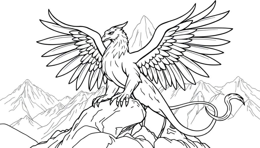 Zwart-wit lijntekening van een majestueuze griffioen met arendskop, adelaarsbek, gespreide vleugels en leeuwenlichaam, zittend op een rots in een berglandschap.