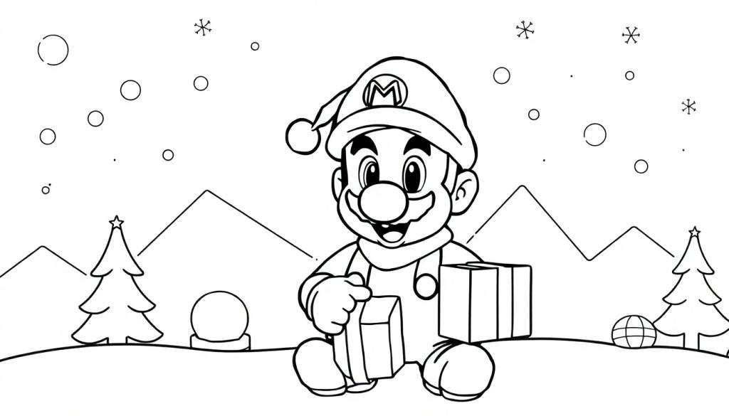 Zwart-wit kleurplaat van Mario die twee cadeautjes vasthoudt in een winters landschap met besneeuwde bergen, kerstbomen, sneeuwvlokken en een sneeuwbol.