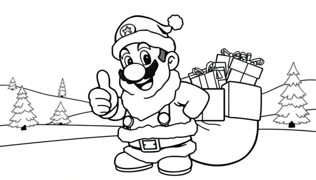 Zwart-wit kleurplaat van Mario verkleed als Kerstman met een volle witte baard, kerstmuts, kerstmanpak, riem, die zijn duim omhoog steekt en een grote zak vol cadeautjes draagt in een winterlandschap met besneeuwde heuvels en kerstbomen.
