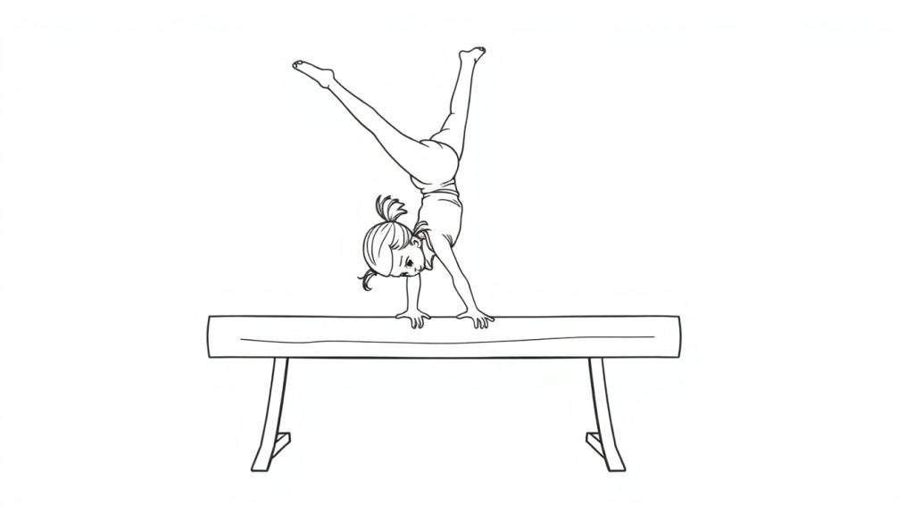 Lijntekening van een jong meisje dat een handstand doet op een evenwichtsbalk, met gespreide benen en staartjes.