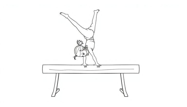 Lijntekening van een jong meisje dat een handstand doet op een evenwichtsbalk, met gespreide benen en staartjes.