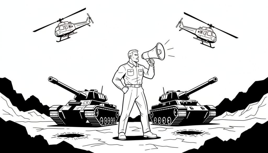 Kleurplaat van een militair leider met megafoon, geflankeerd door twee tanks en met helikopters in de lucht, in een rotsachtig landschap.