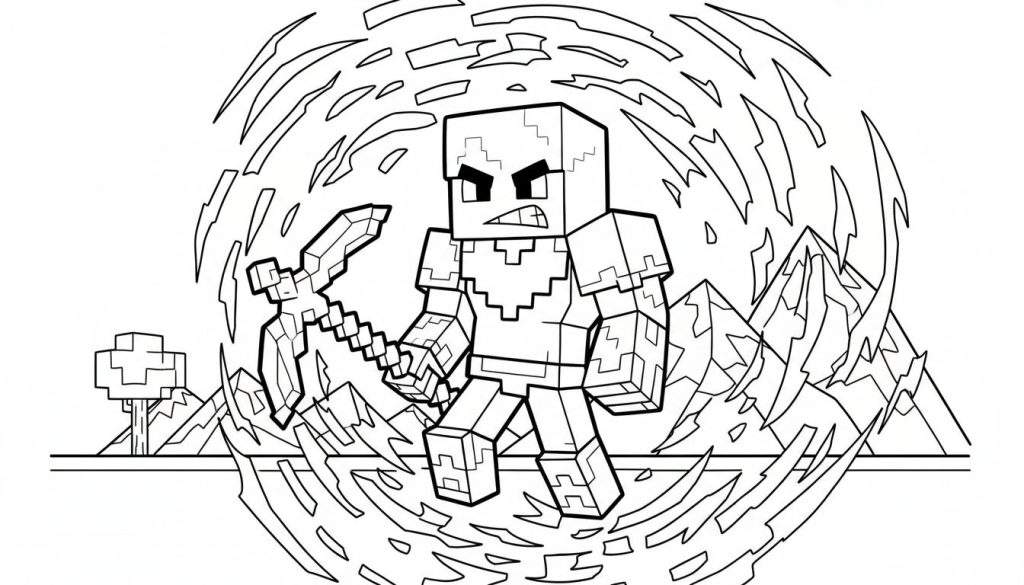 Minecraft kleurplaat van een stoer personage met harnas en houweel, omringd door vlammen, tegen een achtergrond van blokkerige bergen en een boom.