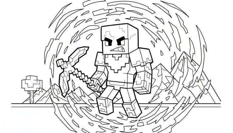 Minecraft kleurplaat van een stoer personage met harnas en houweel, omringd door vlammen, tegen een achtergrond van blokkerige bergen en een boom.