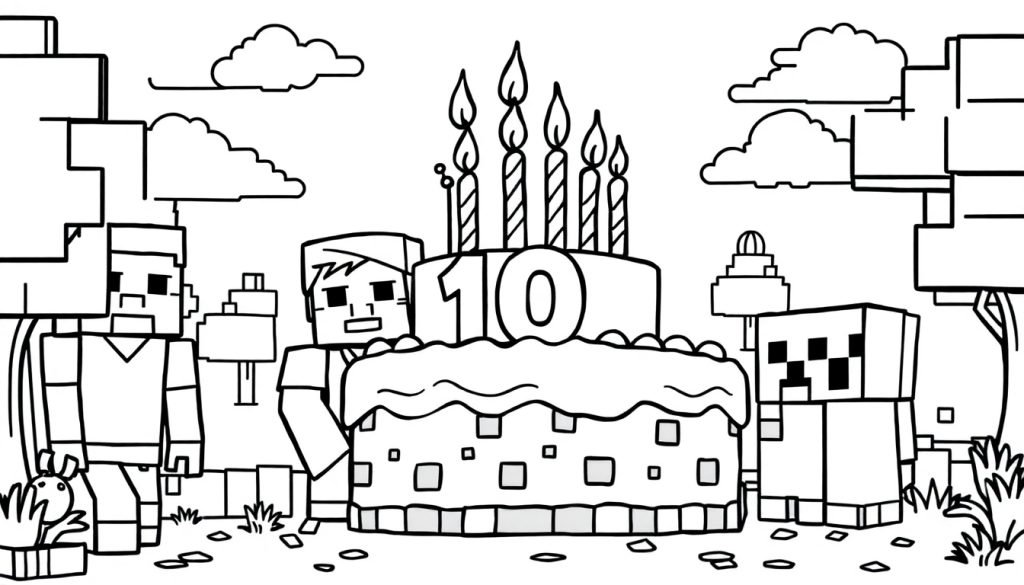 Minecraft-stijl kleurplaat van een feestelijke verjaardag met een taart met het cijfer 10, Steve, een Creeper en andere figuren in een blokkerige wereld.